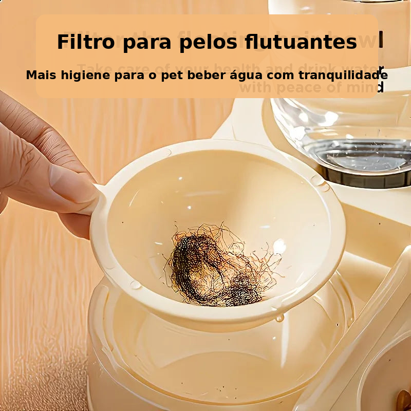 Comedouro 2 em 1 com Reservatório de Água — filtro para pelos